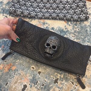 Thomas Wylde Black Textured Clutch with charcoal/pewter rhinestone skull